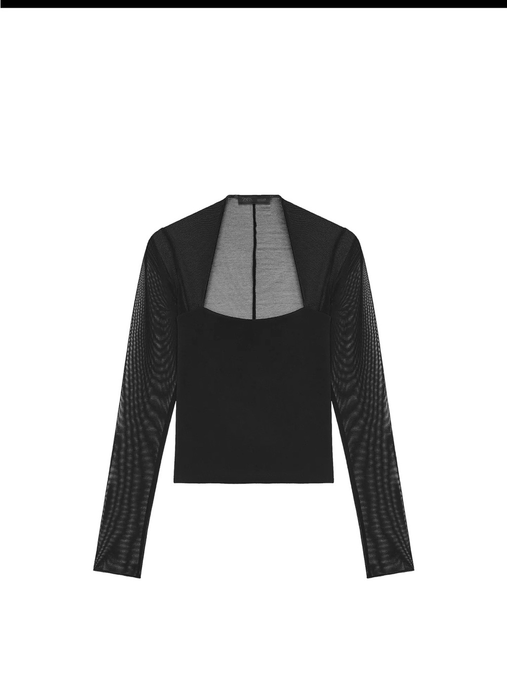 Zara Black Sheer-Sleeve Long Sleeve Square Neck Top